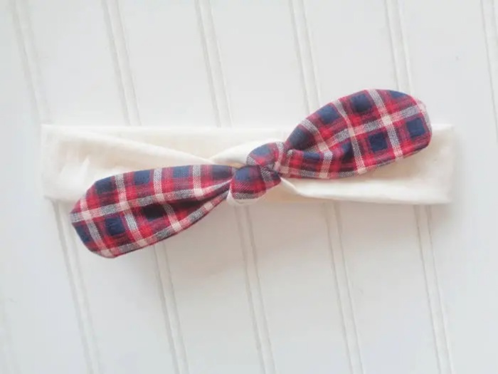 Knotted Headband - Navy and Red Plaid with Muslin