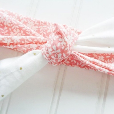 Knotted Headband - White Floral on Coral with Gold Dots