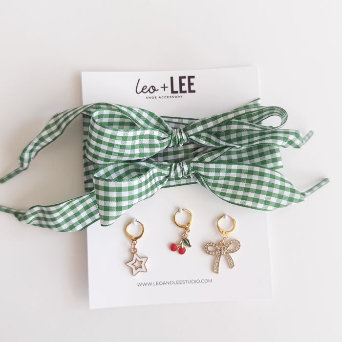 Green Gingham Shoe Lace Charm Set