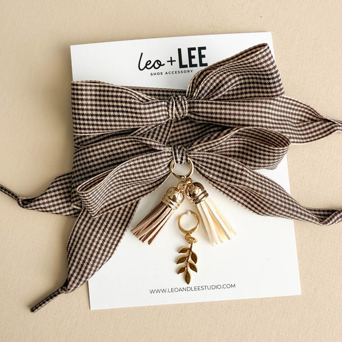 Gingham Bow Sneaker Lace Set with Tassel & Leaf Charms