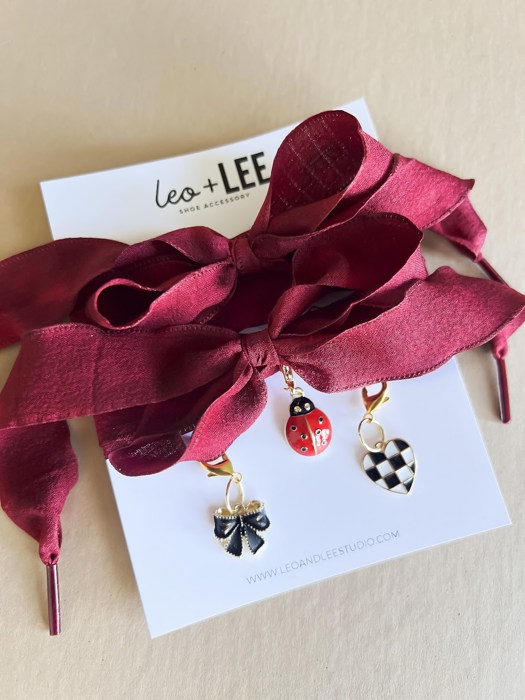Burgundy Shoelaces with Ladybug, Bow, and Heart Charm Set