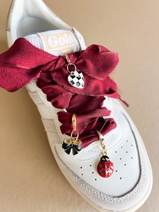 Burgundy Shoelaces with Ladybug, Bow, and Heart Charm Set