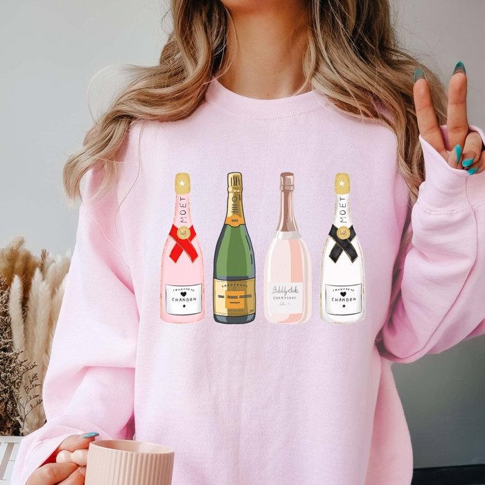 Festive Champagne Bottles Graphic Crewneck Sweatshirt
