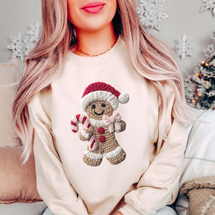 Gingerbread Man Faux Knit Christmas Graphic Crewneck Sweatshirt