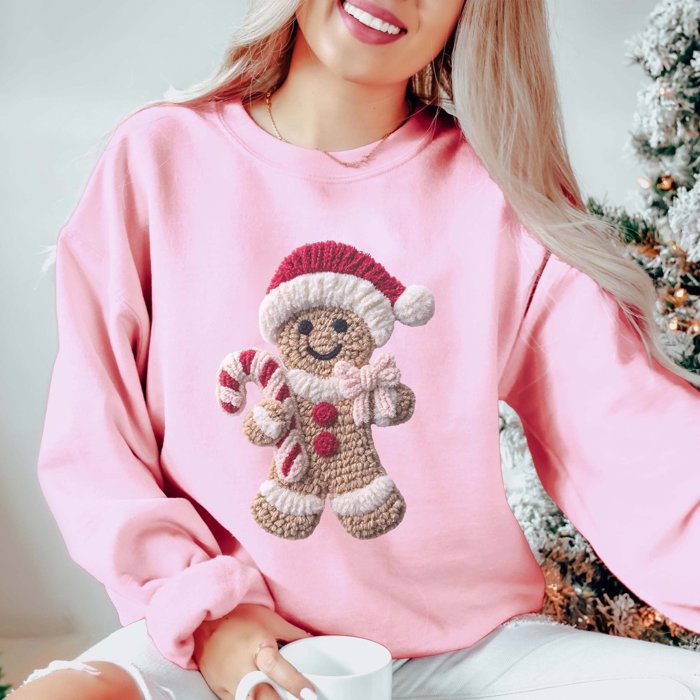 Gingerbread Man Faux Knit Christmas Graphic Crewneck Sweatshirt