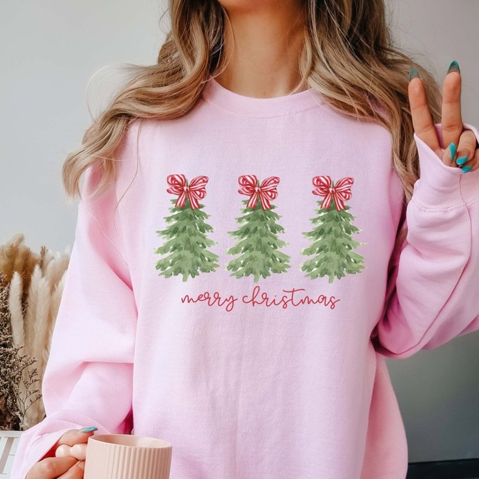 Merry Christmas Trees Red Striped Bows Graphic Crewneck Sweatshirt