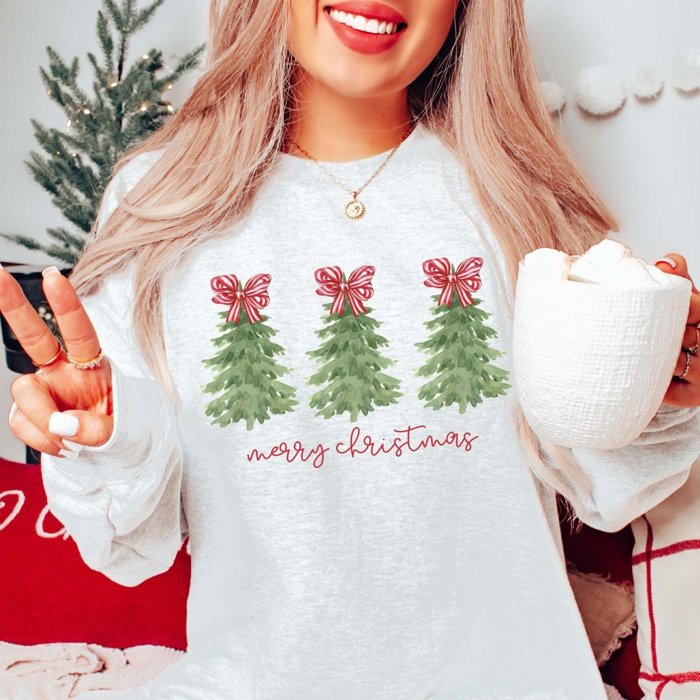 Merry Christmas Trees Red Striped Bows Graphic Crewneck Sweatshirt