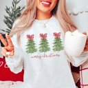 Small Ash Merry Christmas Trees Red Striped Bows Graphic Crewneck Sweatshirt