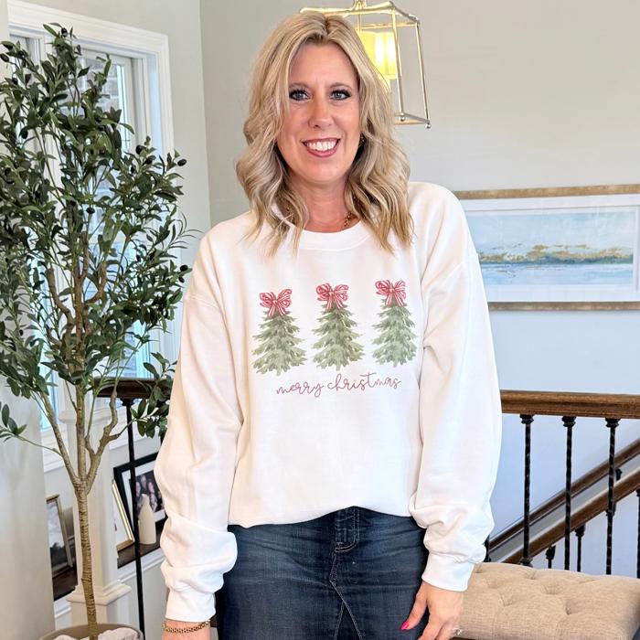 Merry Christmas Trees Red Striped Bows Graphic Crewneck Sweatshirt
