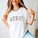 Large White Plaid Merry Christmas Graphic Tee for Women