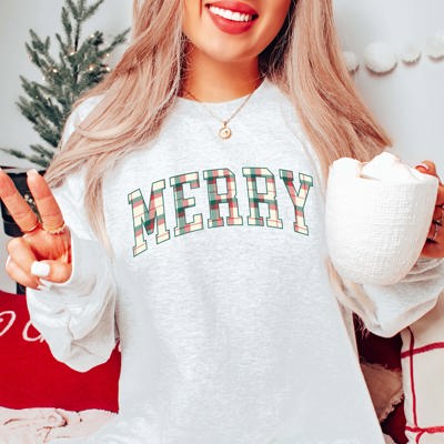 Plaid Merry Christmas Graphic Crewneck Sweatshirt