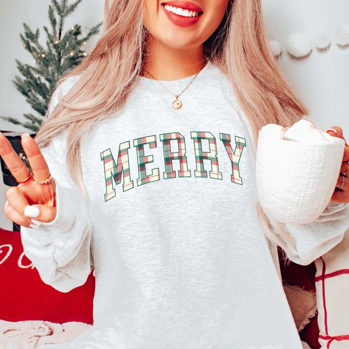 Plaid Merry Christmas Graphic Crewneck Sweatshirt