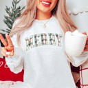 Medium Ash Plaid Merry Christmas Graphic Crewneck Sweatshirt