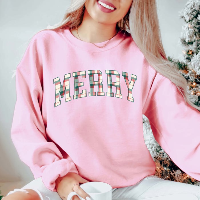 Plaid Merry Christmas Graphic Crewneck Sweatshirt