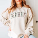Large Sand Plaid Merry Christmas Graphic Crewneck Sweatshirt