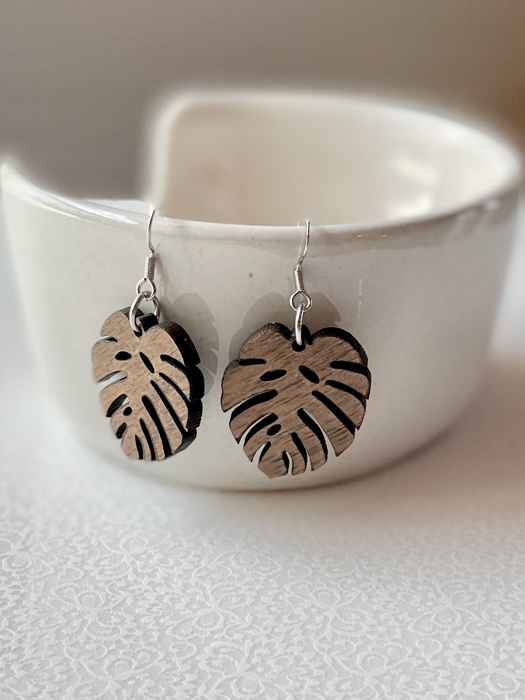 Walnut Wood Monstera Tropical Leaf Drop Earrings