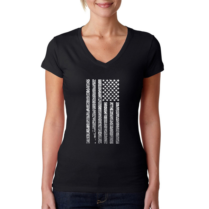 Women's Word Art V-Neck T-Shirt - National Anthem Flag