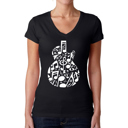 Black Large Music Notes Guitar - Women's Word Art V-Neck T-Shirt