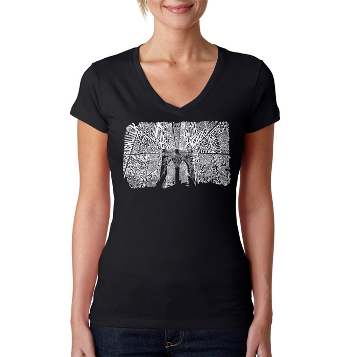 Women's Word Art V-Neck T-Shirt - Brooklyn Bridge