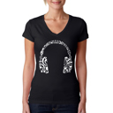 Black Medium Women's Word Art V-Neck T-Shirt - Music Note Headphones