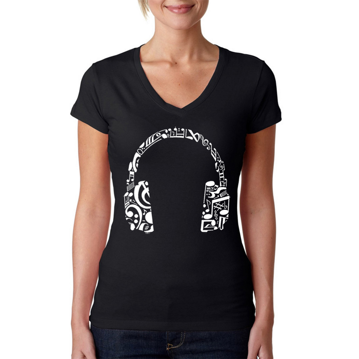Women's Word Art V-Neck T-Shirt - Music Note Headphones