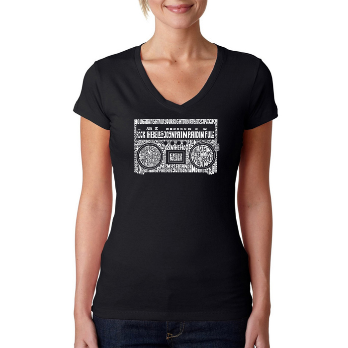Women's Word Art V-Neck T-Shirt - Greatest Rap Hits of The 1980's