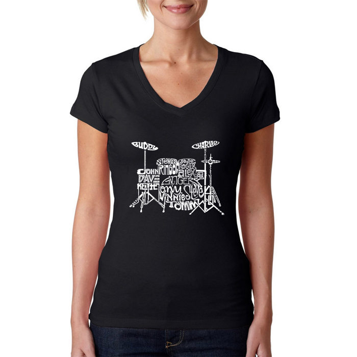Women's Word Art V-Neck T-Shirt - Drums