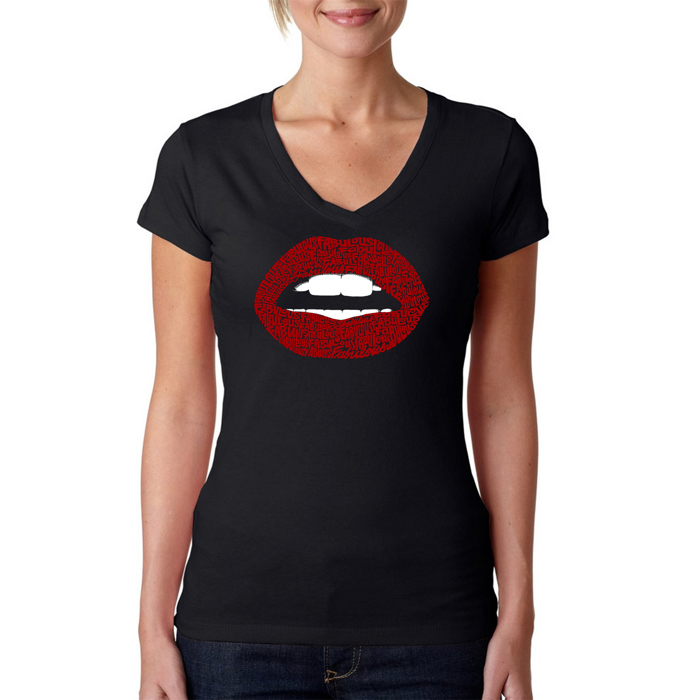 Women's Word Art V-Neck T-Shirt - Fabulous Lips