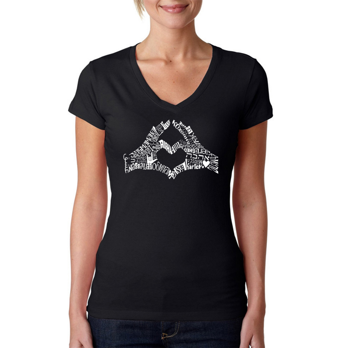 Women's Word Art V-Neck T-Shirt - Finger Heart