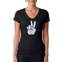 Black Large Women's Word Art V-Neck T-Shirt - PEACE FINGERS
