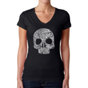 Black Medium Women's Word Art V-Neck T-Shirt - Flower Skull