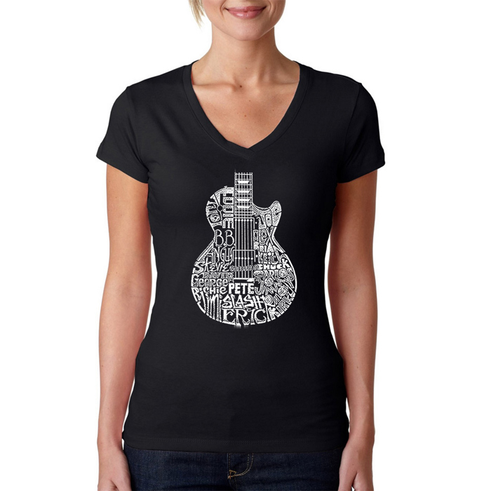 Women's Word Art V-Neck T-Shirt - Rock Guitar Head