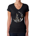 Black Medium Cat Sitting On Moon - Women's Word Art V-Neck T-Shirt