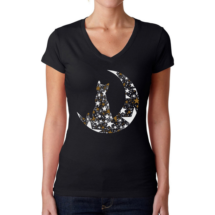 Cat Sitting On Moon - Women's Word Art V-Neck T-Shirt