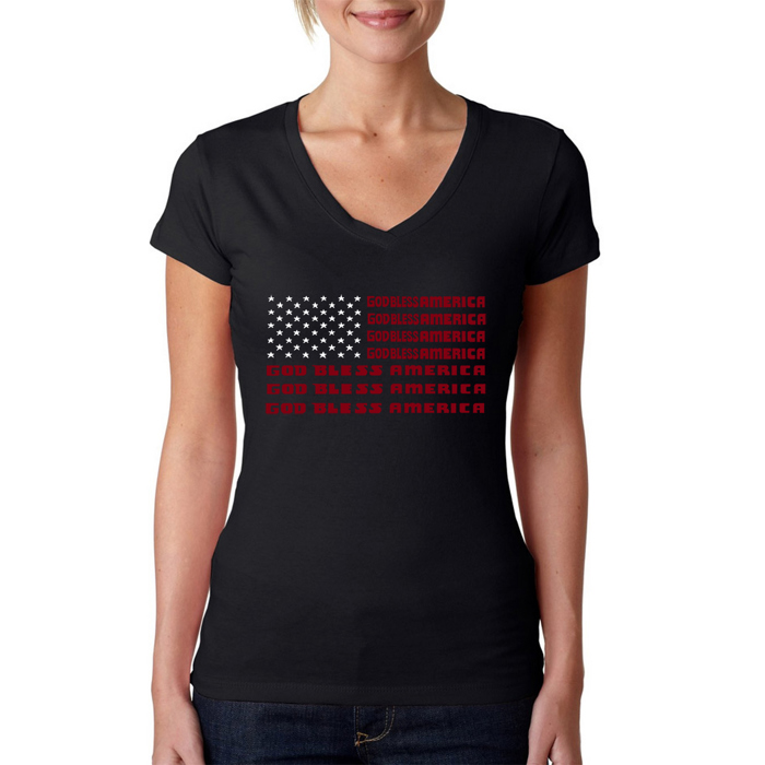 Women's Word Art V-Neck T-Shirt - God Bless America
