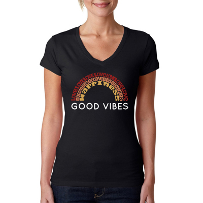 Women's Word Art V-Neck T-Shirt - Good Vibes
