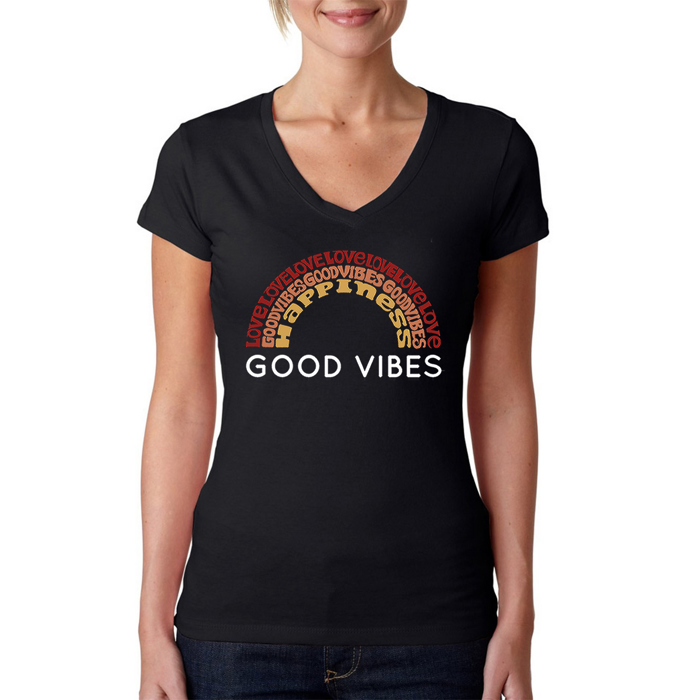 Women's Word Art V-Neck T-Shirt - Good Vibes