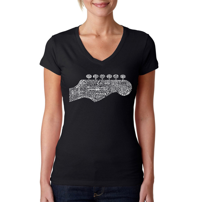 Women's Word Art V-Neck T-Shirt - Guitar Head
