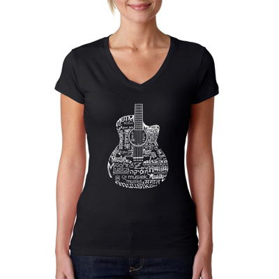 Women's Word Art V-Neck T-Shirt - Languages Guitar