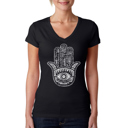 Black Small Women's Word Art V-Neck T-Shirt - Hamsa