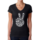 Black Large Peace Finger Notes - Women's Word Art V-Neck T-Shirt