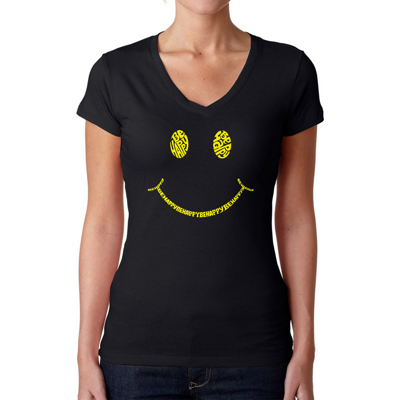 Women's Word Art V-Neck T-Shirt - Be Happy Smiley Face