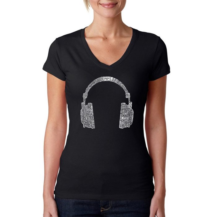 Women's Word Art V-Neck T-Shirt - 63 DIFFERENT GENRES OF MUSIC