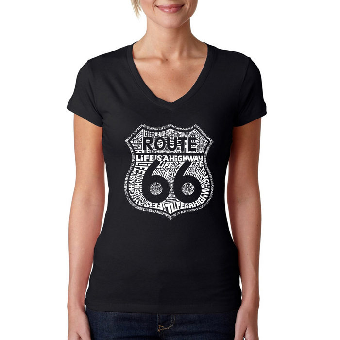 Women's Word Art V-Neck T-Shirt - Route 66 - Life is a Highway