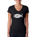 Black X-Small Women's Word Art V-Neck T-Shirt - Christian Jesus Name Fish Symbol