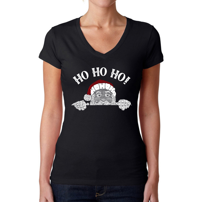 Peeking Santa - Women's Word Art V-Neck T-Shirt