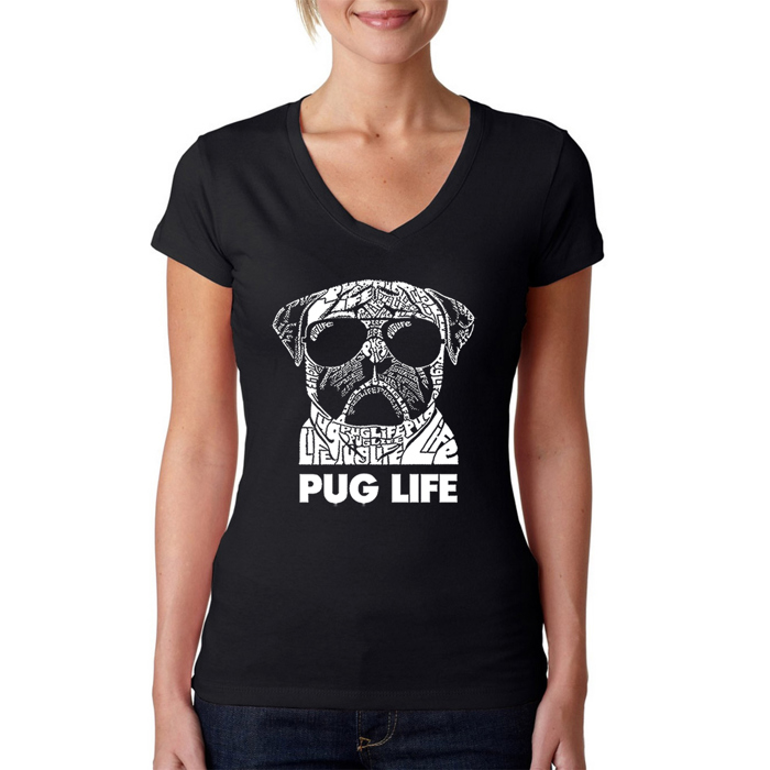 Women's Word Art V-Neck T-Shirt - Pug Life