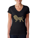 Black Large Women's Word Art V-Neck T-Shirt - Lion