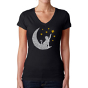 Black Medium Cat Moon - Women's Word Art V-Neck T-Shirt