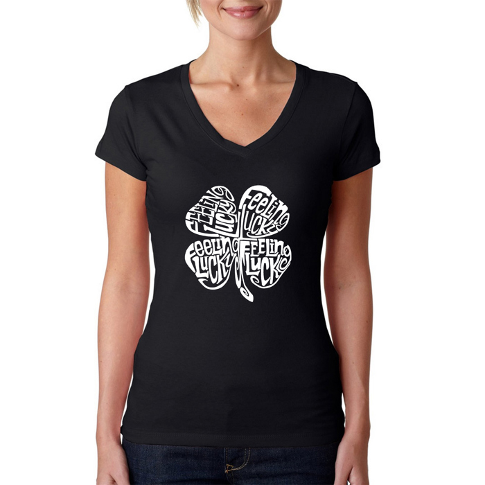 Women's Word Art V-Neck T-Shirt - Feeling Lucky
